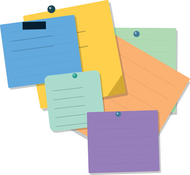 Colorful sticky paper notes with push pins attached on a flat surface for office and home memos