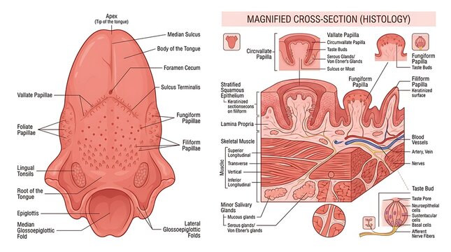 Medical illustration of human tongue anatomy and taste bud structure