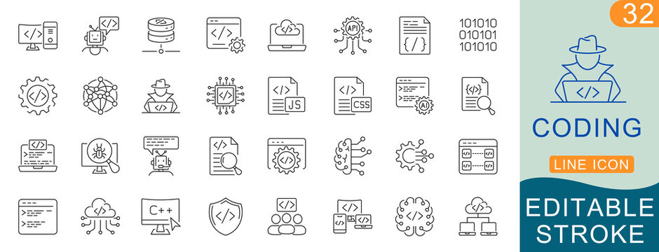 Coding Line Icons Set &ndash; Programming, Source Code, Debug, Terminal, Git, API, Database, Vector Outline Icon Editable Stroke