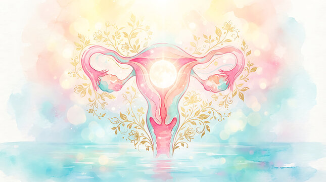 Watercolor of female reproductive system with fallopian tubes highlighted