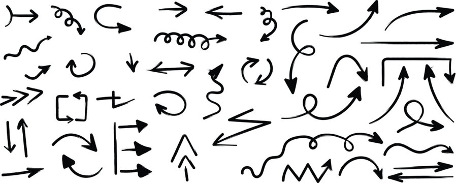 Set of hand drawn black arrows and doodle pointers isolated on a white background