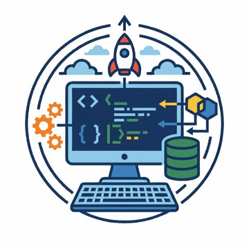 Computer monitor with code and development icons illustration.