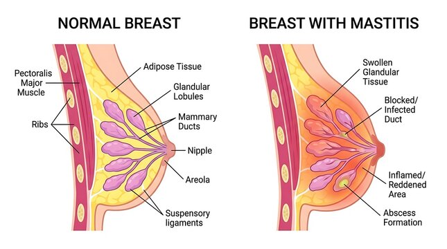 Comparative anatomy diagram of normal breast and mastitis medical illustration