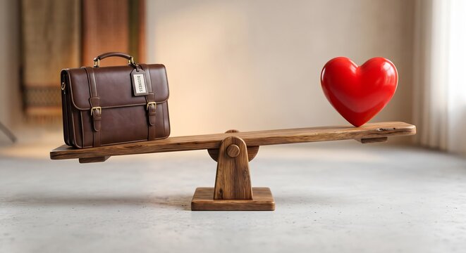 Business briefcase and a red heart balancing on a wooden seesaw