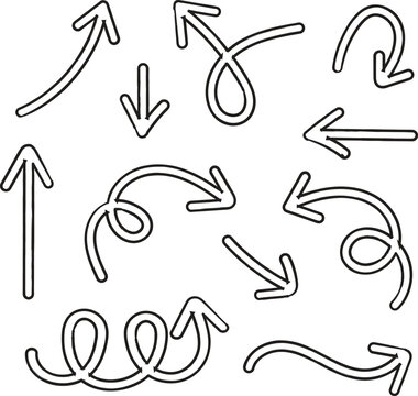 Set of hand drawn doodle arrows collection with various shapes and directions