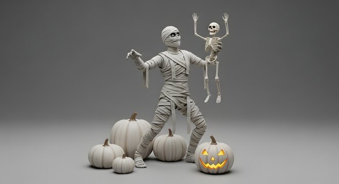 Spooky halloween scene mummy and skeleton with jack o' lanterns and pumpkins