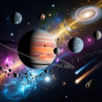 Cosmic black hole with swirling galaxies and planets.