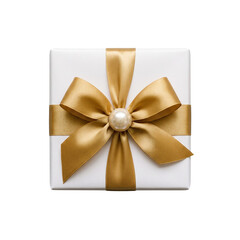 Fototapeta premium Elegant white gift box tied with a luxurious golden satin ribbon bow and pearl embellishment