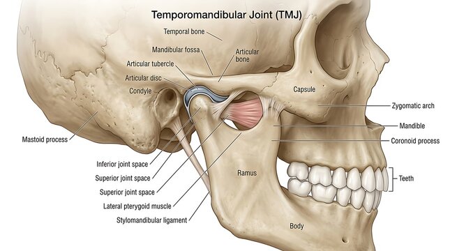 Anatomy of the temporomandibular joint tmj with skull and jaw bones, mandible