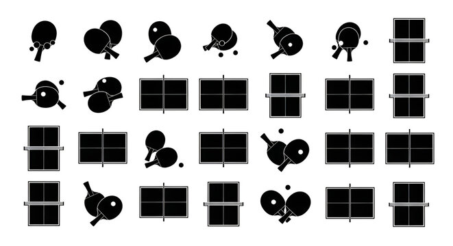 Table Tennis Silhouettes Grid Set of Ping Pong Paddles Tables and Nets