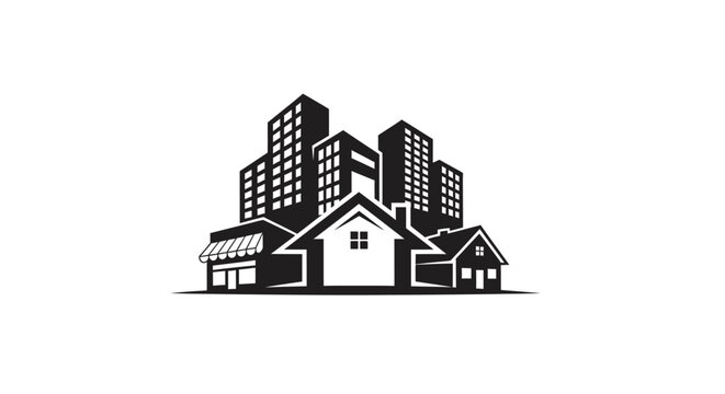 Black and white illustration of houses with illustration row architecture skyscrapers residential development commercial silhouette buildings