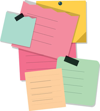 Colorful sticky notes and memo papers with tape pinned on a flat surface for office reminders