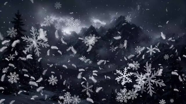Abstract snowflake Christmas festival background with floating white feather, the winter falling snowflakes, 4k overlay