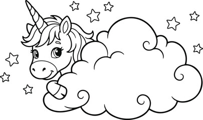 Fototapeta premium Cute cartoon unicorn head peeking out from a fluffy cloud with stars