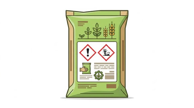 A bag displays a GHS label showing chemical hazard symbols and safety instructions for handling and storage of the contents.