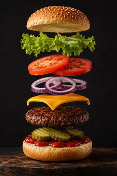 Giant stacked burger with fresh toppings exploding mid-air. High-protein fast food meal suspended in dramatic dark background for advertising.