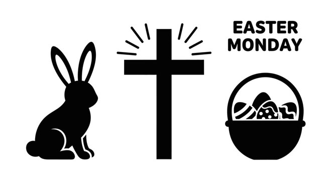 Easter monday symbols with cross bunny with cross easter egg basket black silhouettes bunny religion holiday graphic white eggs