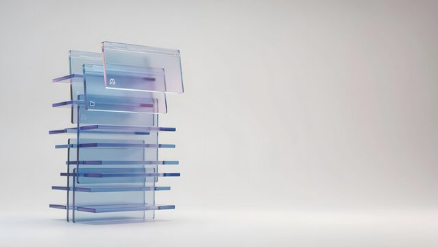 Stacked holographic browser tabs with copy space in studio &ndash; Ideal for web development, software UI, or cloud dashboard.