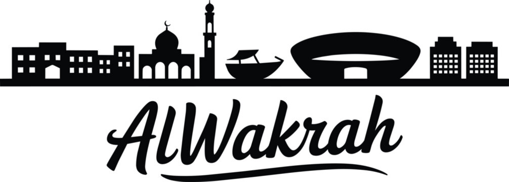 Al wakrah city skyline silhouette featuring a traditional dhow boat and modern stadium architecture with iconic mosque tower structures and urban