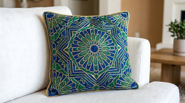 Ornate blue and green geometric embroidered pillow on a white sofa
