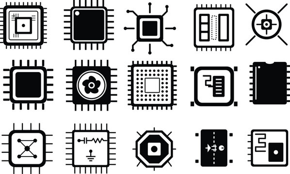Black CPU and Microchip Icons Vector Set &ndash; Processor, Chip Technology Line Icons Collection