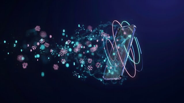 Glass smartphone materializing from particle cloud &ndash; Suitable for mobile network, next gen smartphone, or tech UI.
