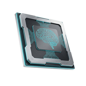 Square metallic computer processor chip with a glowing blue digital brain circuit pattern isolated on a black background