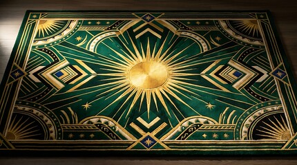 Obraz premium Luxurious green and gold art deco rug with celestial sunburst design