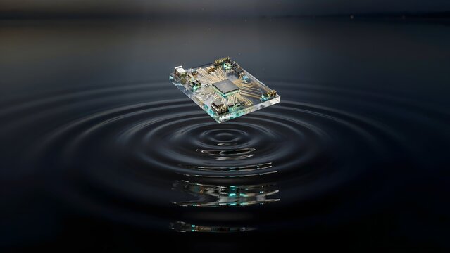 Hovering translucent circuit board creating water ripples &ndash; Suitable for environmental science, clean tech, or microelectronics.