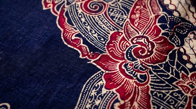 Traditional indigo batik textile with intricate red floral patterns