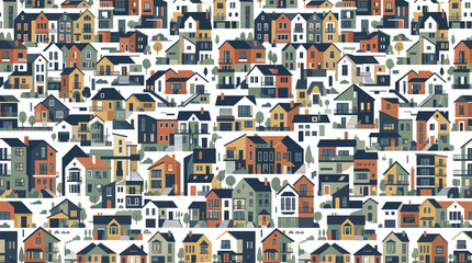Fototapeta premium Modern Suburban Houses Seamless Pattern Vector Illustration Featuring Diverse Residential Building Architecture Cottages and Apartments in Flat Design Style