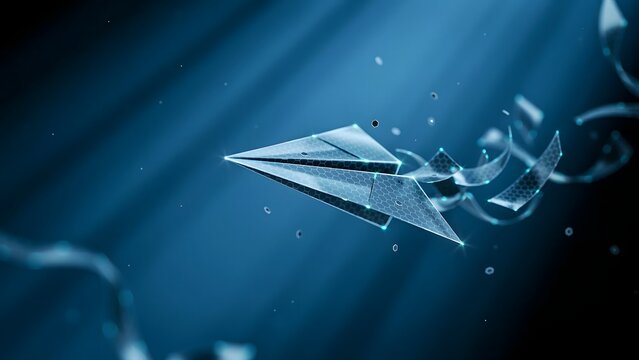 Self assembling graphene paper airplane floating in blue void &ndash; Great for aerospace research, advanced materials, or carbon nano.