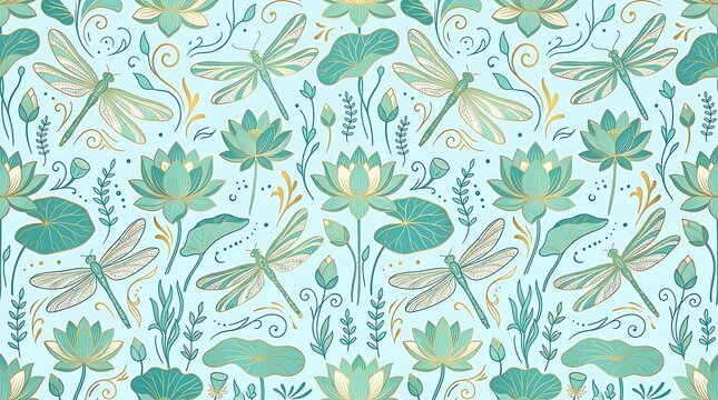 Elegant dragonfly and lotus flower seamless pattern on blue background