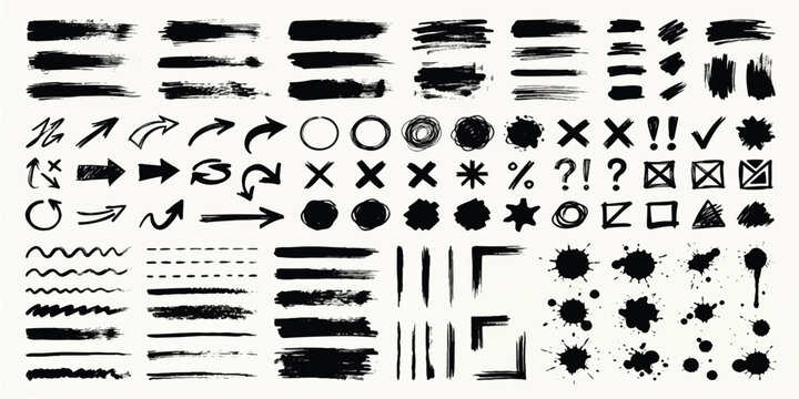 Large collection of grunge ink brush strokes and hand drawn graphic icons with abstract splatter collection creative backdrop scribble roughness