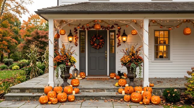 Festive happy halloween porch decor carved pumpkins and autumnal wreath