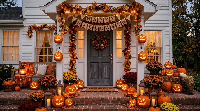 Festive happy halloween porch decor jack o' lanterns autumn leaves cozy home exterior
