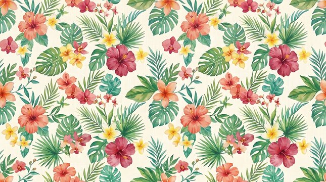 Tropical watercolor floral pattern with hibiscus and palm leaves