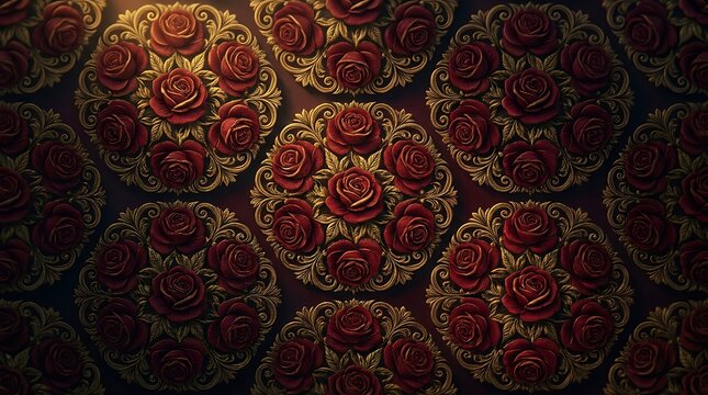 Elegant red rose and gold filigree floral pattern background