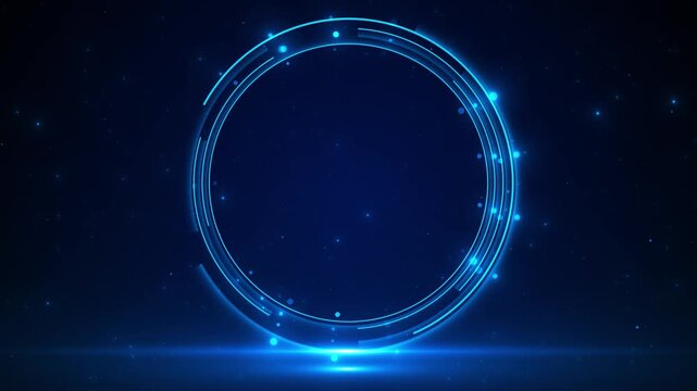Blue neon circular frame glowing cyan ring, star particles, dark space depth, bright copy area in center. tech titles, logo reveals, sci fi intros, virtual dashboards, software promos, motion overlays