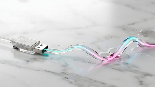 Glass USB cable dissolving into liquid light on marble &ndash; Ideal for fast data transfer, high speed charging, or cable tech.