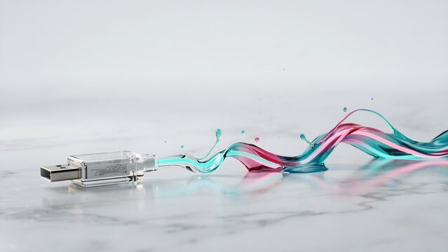 Transparent USB cable transforming into flowing light ribbon &ndash; Suitable for connection speed, hardware accessories, or tech UI.