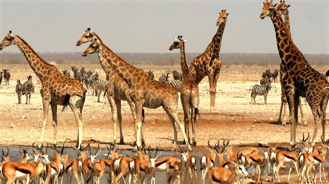  large group of giraffe move away from the water hole in fright, wait far away 394 
