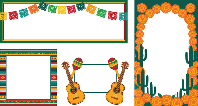 Mexican fiesta border frames vector set with papel picado banner marigolds arch cactus desert pattern square and acoustic guitar maracas text templates