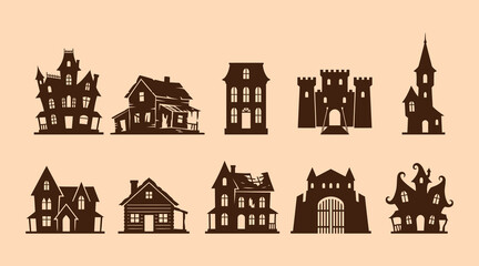 A collection of spooky and haunted house silhouettes including a gothic mansion dilapidated shack and ancient castle perfect for Halloween or horror themed designs © Be Creative