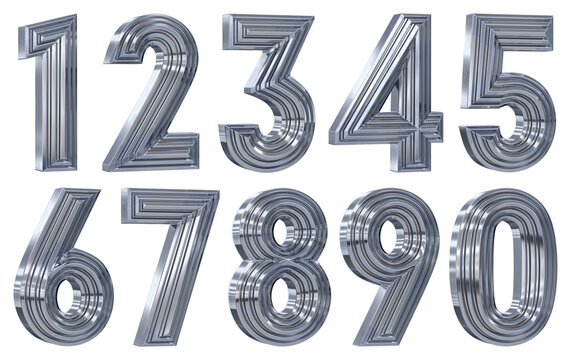 Set of silver ribbed volumetric numbers from zero to nine. 3d illustration isolated on white