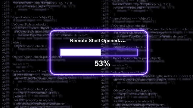 Dynamic cyber security interface featuring a glowing purple progress bar and remote shell access loading sequence overlaid on scrolling javascript source code for high-tech software development