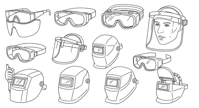 Safety Goggles and Welding Masks Line Art Icons Set