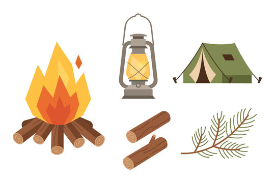 Camping elements set with campfire, lantern, tent, logs, and pine branch, vector illustration isolated on transparent background.