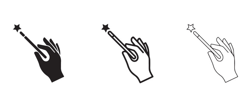 hands holding magic wands with star tips in different styles for fantasy or creative projects