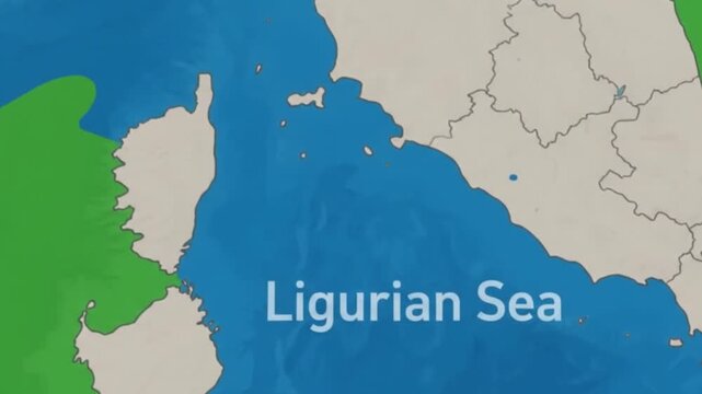 Geographic map showing the ligurian sea and surrounding coastlines